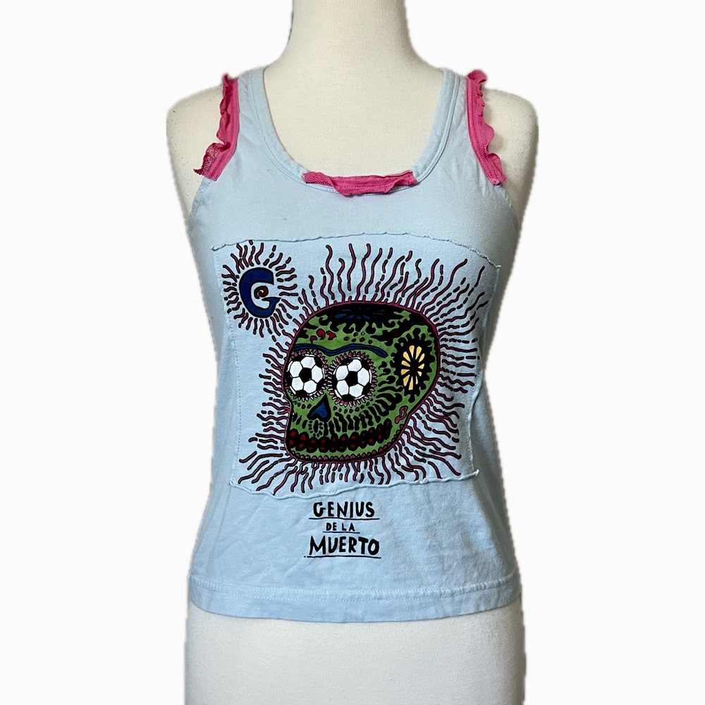 FAKE LONDON GENIUS Blue and Pink Graphic Tank Top